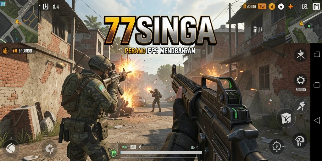Screenshot 77SINGA menampilkan aksi tembak-menembak yang intens