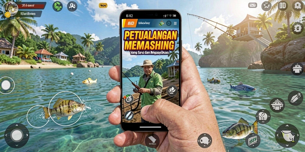 Tampilan gameplay 8ID yang mempesona saat menangkap ikan di laut.