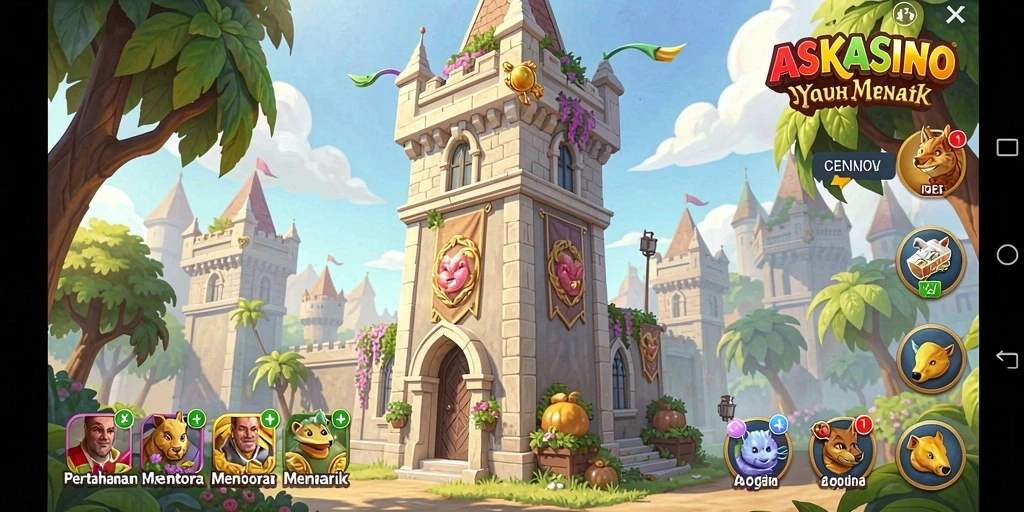 Screenshot gameplay ASKASINO menampilkan pertahanan menara yang strategis.