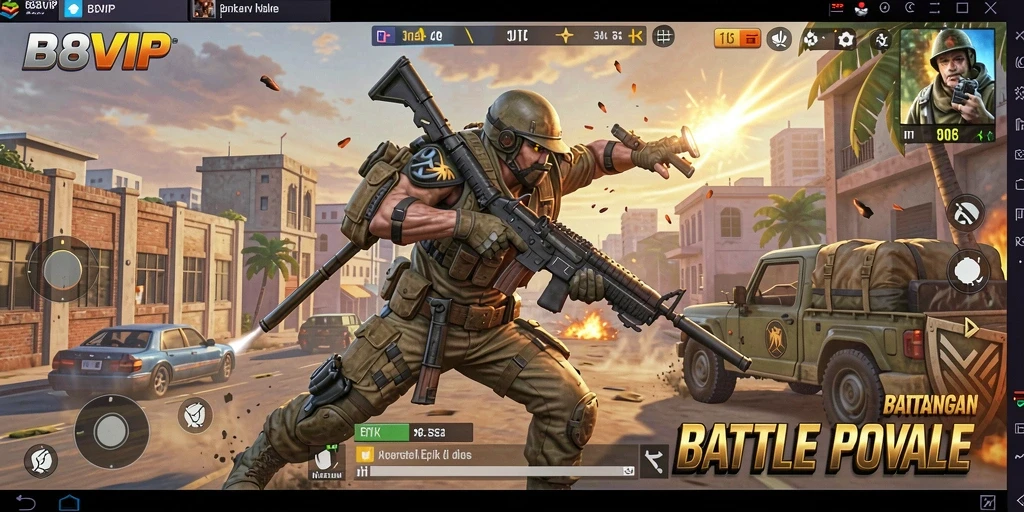 Tampilan utama gameplay B8VIP dengan aksi seru Battle Royale.