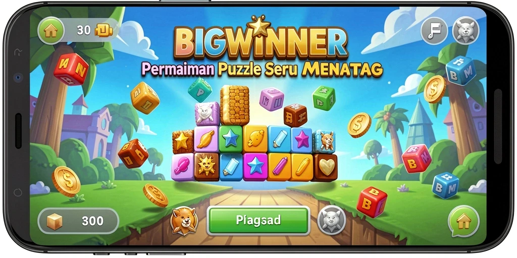 Screenshot gameplay BIGWINNER yang penuh warna dan tantangan puzzle.