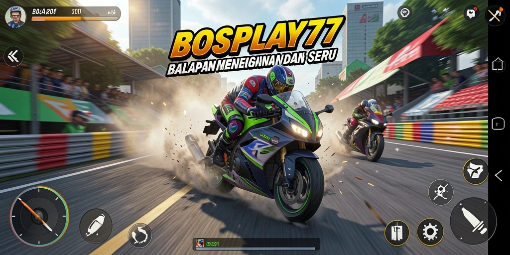 Tangkapan layar gameplay menampilkan aksi balap motor yang seru dan menegangkan.