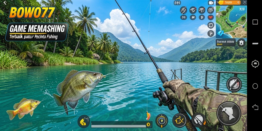 Screenshot utama BOWO77 menampilkan momen seru menangkap ikan.