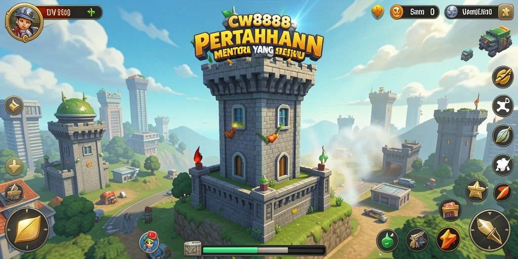 Screenshot gameplay CW8888 menampilkan pertempuran menara yang mendebarkan.