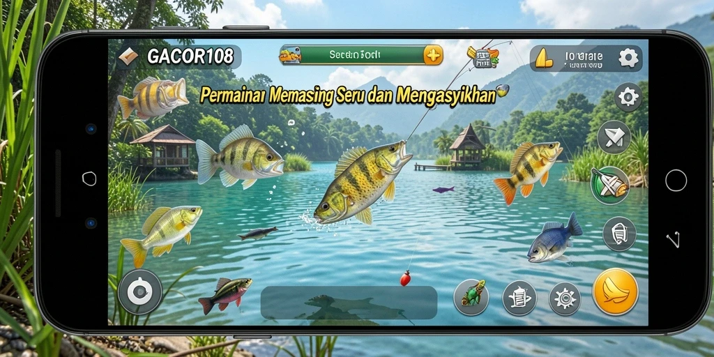 Screenshot GACOR108 menampilkan pemain saat menangkap ikan dengan senang.