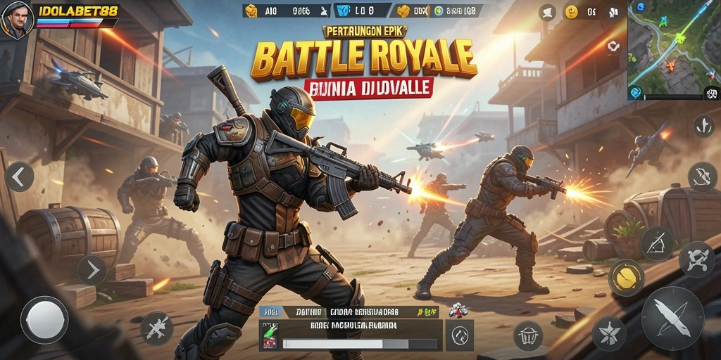 Tampilan gameplay <strong>IDOLABET88</strong> yang mendebarkan, menampilkan aksi Battle Royale yang intens.