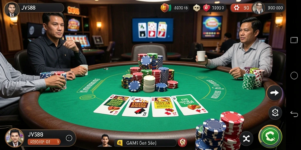 Tampilan permainan poker JVS88 dengan grafis menarik dan table yang dinamis.