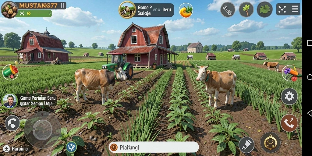 Tampilan gameplay menarik dari <strong>MUSTANG77</strong> dengan ladang yang rimbun dan hewan ternak.