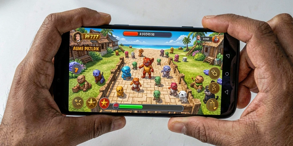 Screenshot gameplay PF777 dengan teka-teki menantang yang penuh warna.
