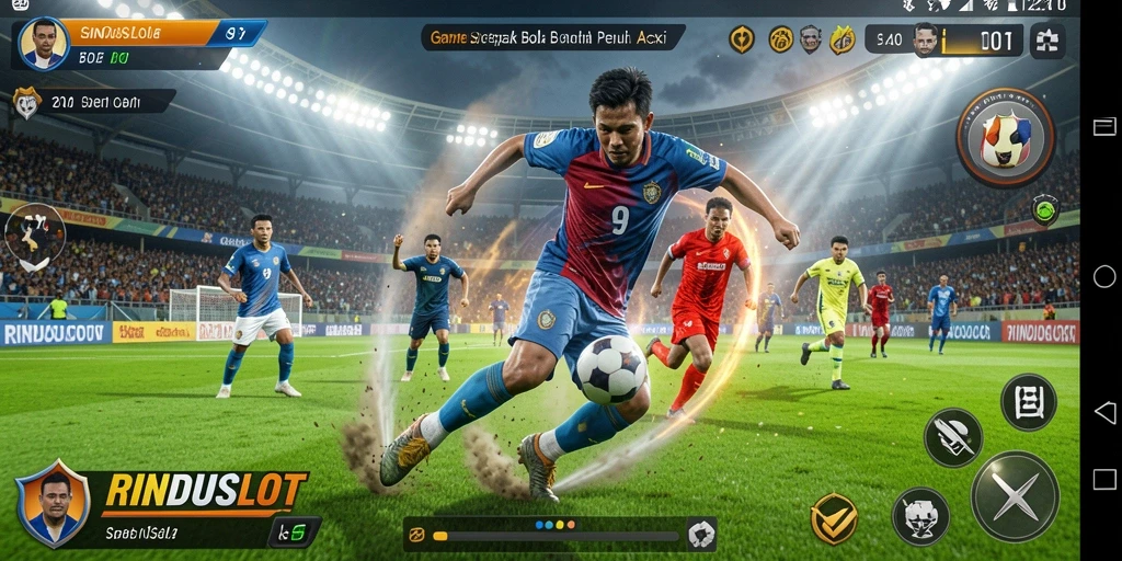 Screenshot gameplay RINDUSLOT menunjukkan aksi seru di lapangan sepak bola.