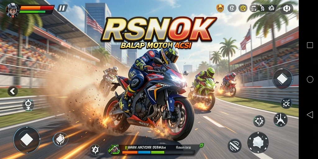 Screenshot RSNOK menampilkan motor balap yang melaju kencang di trek berliku.