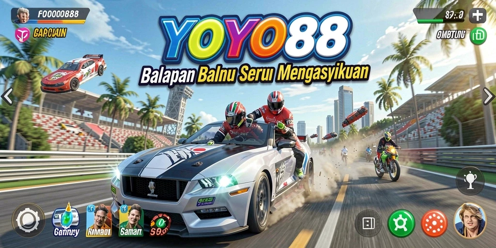 Screenshot gameplay YOYO88 menampilkan balapan yang mendebarkan dan mobil yang cepat.
